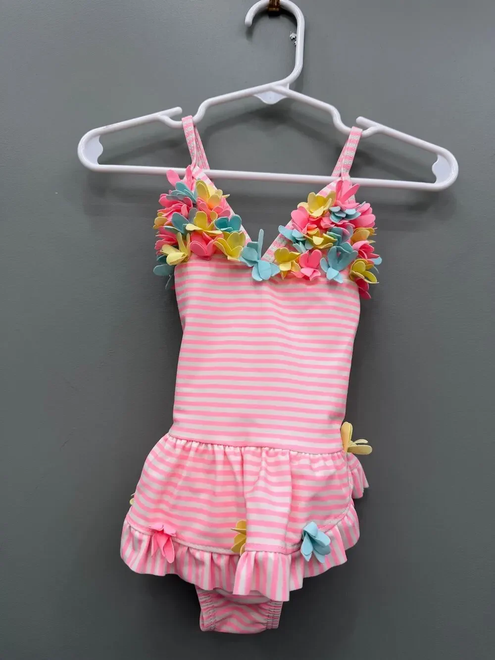 Little Me Baby Girls 18M Pink Stripe 3D Floral Ruffle One Piece Swimsuit